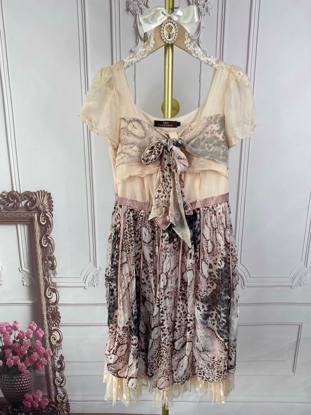 Vintage 100% Silk Animal Print Bow Dress Romantic Coquette  XS